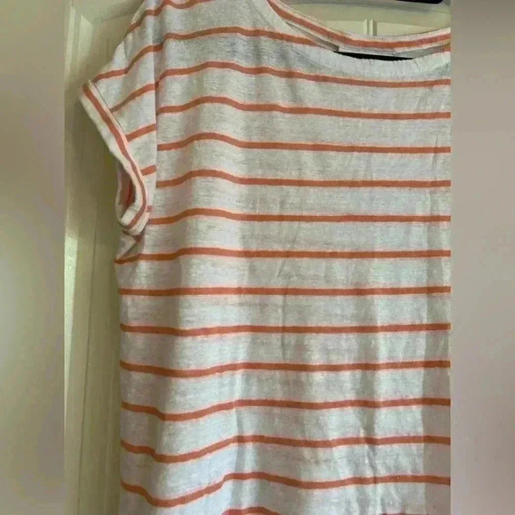 Linen Charter Club Luxury Coastal  Blouse Top shirt Medium white orange striped - Picture 2 of 6